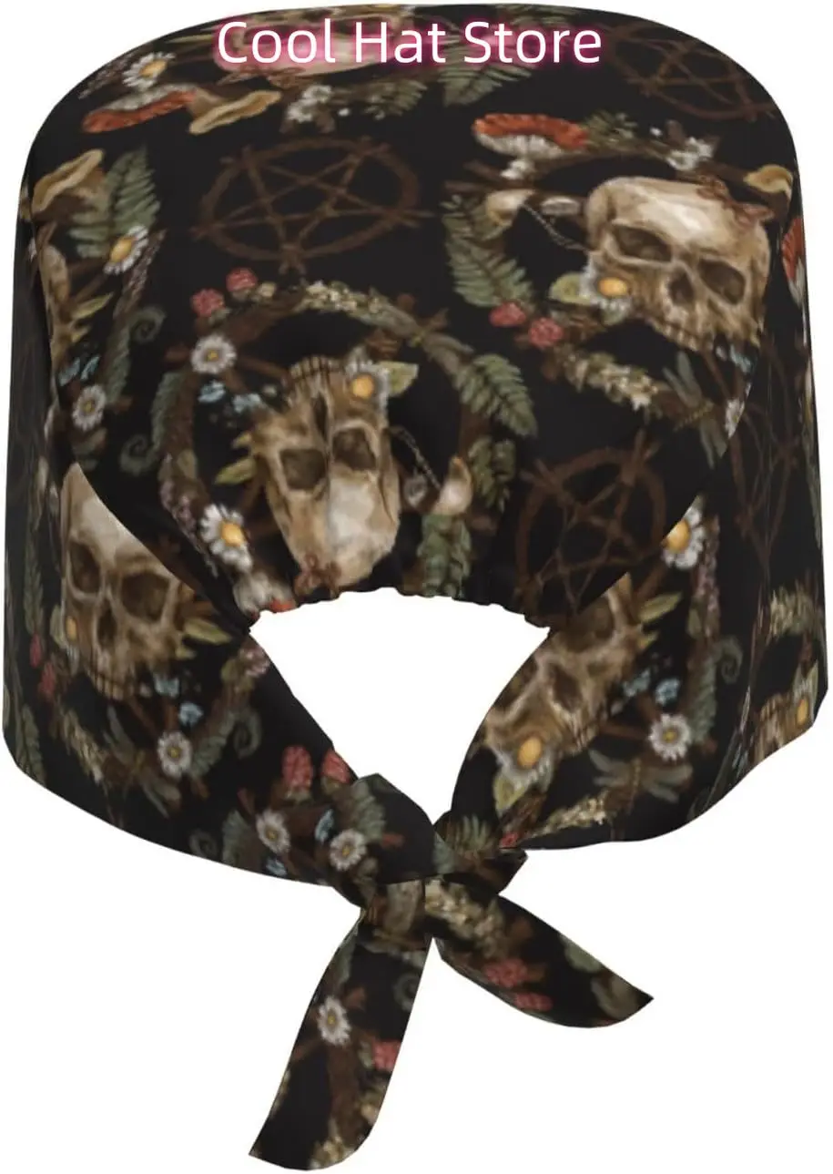 Wicca Skull Mushroom Working Cap Scrub Cap with Sweatband Adjustable Unisex Women Tie Back Hat Nurse  Caps