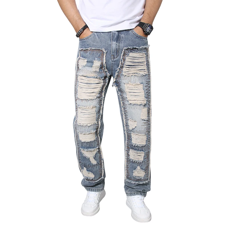 

Autumn Men's Retro Washing Old Ripped Jeans Straight Loose Embroidered Trousers Fashionable Trendy Men's Light Blue Cotton Jeans