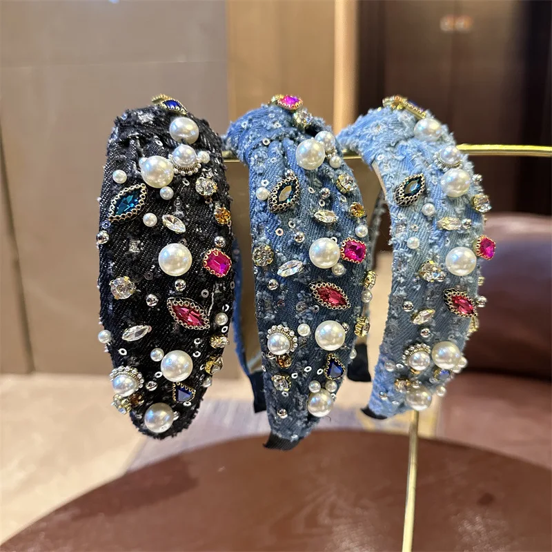 European and American New Baroque Denim Beaded Rhinestone Knotted Headband Niche Design Hair Accessory