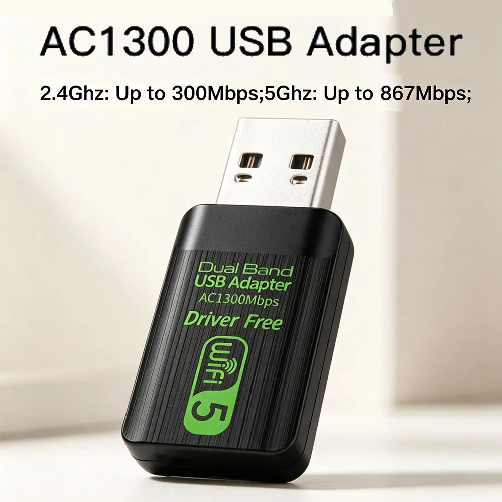 AC1300Mbps Dual Band WiFi 5 USB WiFi Adapter Driver Free 2.4G/5GHz Wireless Receiver Transmitter for Desktop Laptop PC Office