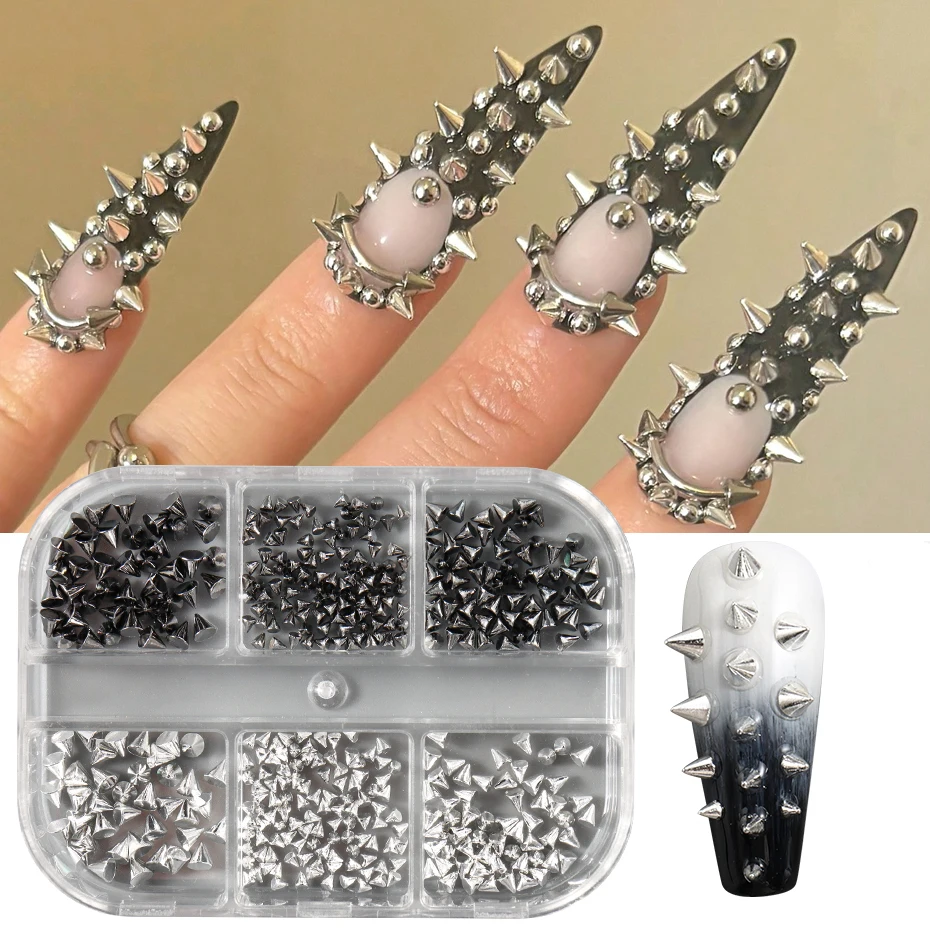 6 compartimentos de tachuelas metálicas punk para uñas, color dorado/plata/negro, conos y púas, joyas de arte de uñas, tachuelas mini de aleación 2
