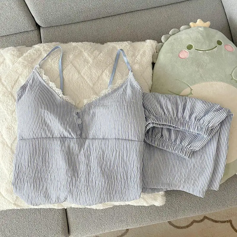 

Новинка 2023 года, женские хлопковые пижамы, летний комплект одежды в полоску, милая домашняя одежда больших размеров, удобная дышащая одежда с v-образным вырезом