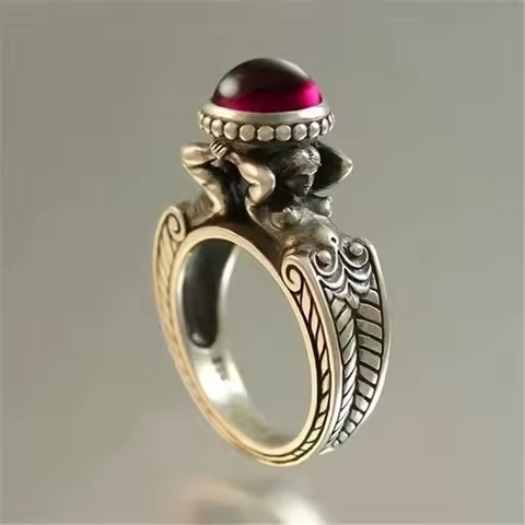 Hot selling new Mermaid ruby ring, European and American Creative female retro Thai silver ring Mother's Day gift