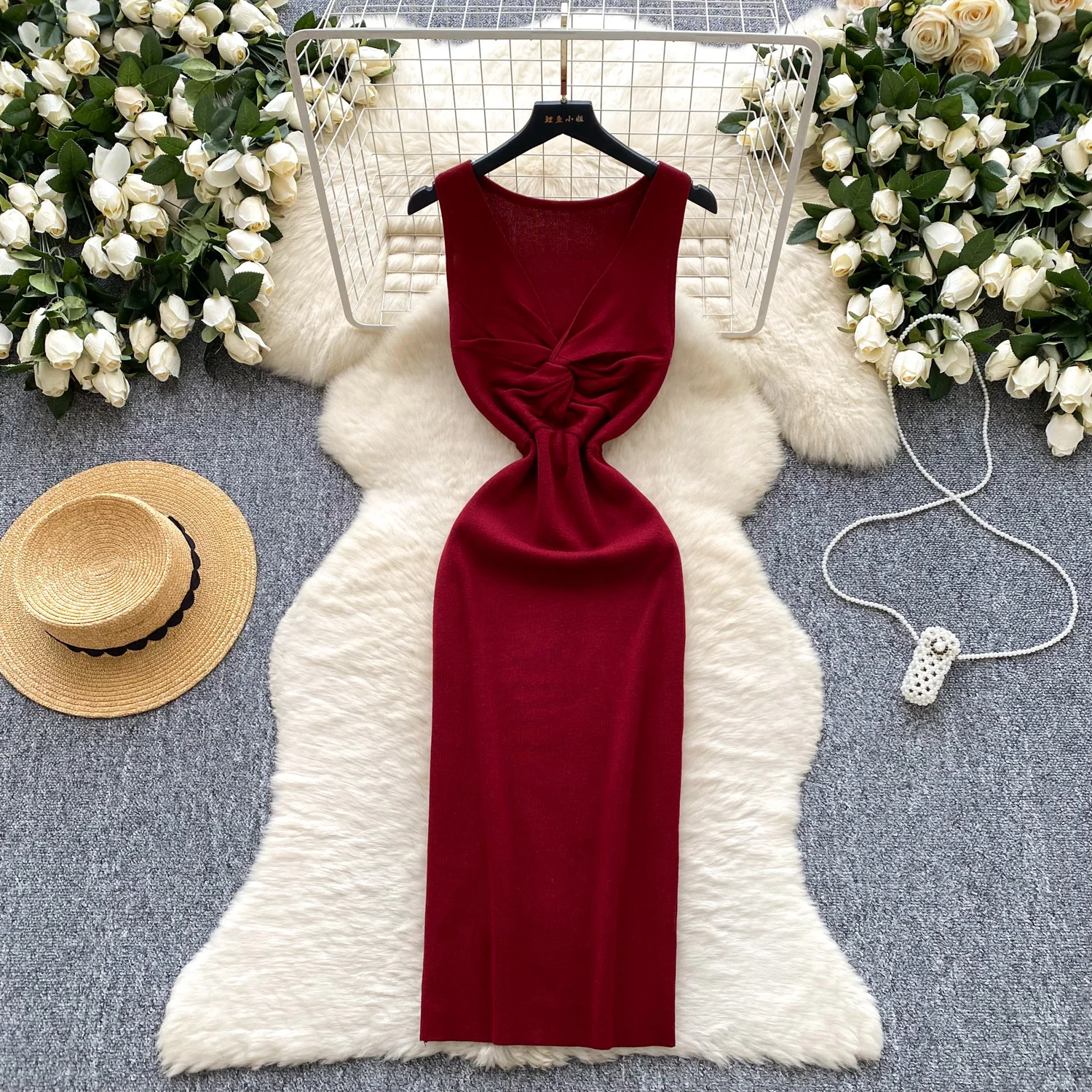 

Chic sexy Elastic Knit Dress sleeveless V-neck Women Elegant Korean Fashion Vestidos Summer Slim Wrap Long dress