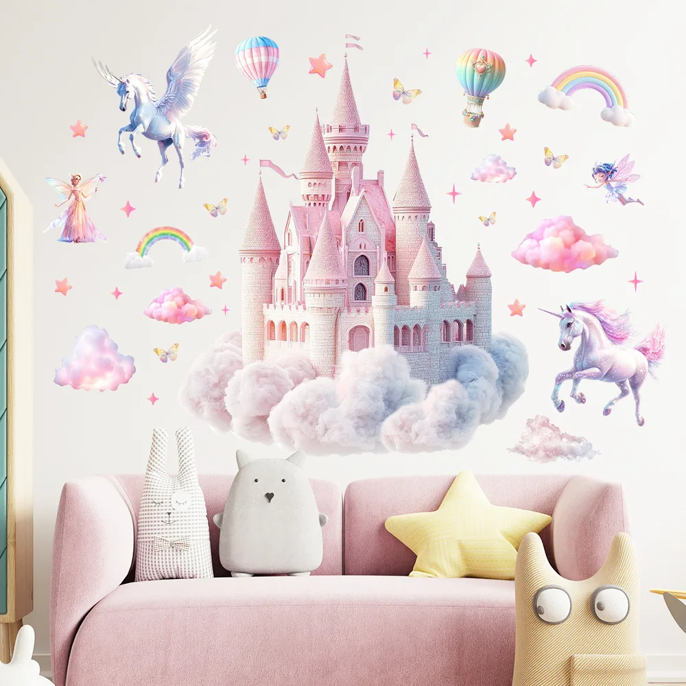 Magical Watercolor Castle Wall Decals, Pink Unicorn Pegasus Fairy Stickers, Removable Peel and Stick Decor for Girls Bedroom
