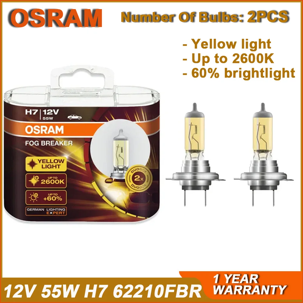 OSRAM FOG BREAKER H7 62210FBR PX26d Headlight 12V 55W 2600K +200% Yellow Fog Light +60% Bright Car Halogen Lamps (Pair)