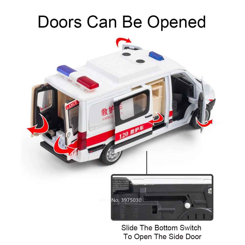 1/32 liga diecast benz ambulância modelo de carro brinquedo luz som roda carro puxar para trás pneus de borracha veículos em miniatura crianças presente brinquedos