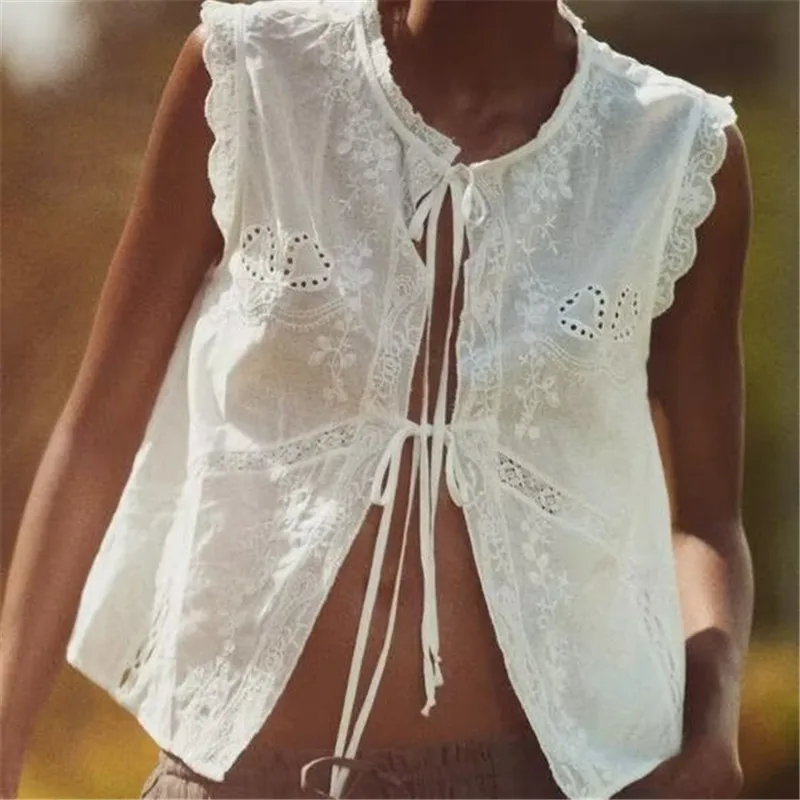 Summer Women Lace Tie Front Tank Vest Ruffle Peplum Crop Tank Top V Neck Open Front Sleeveless Summer Going Out Top Streetwear