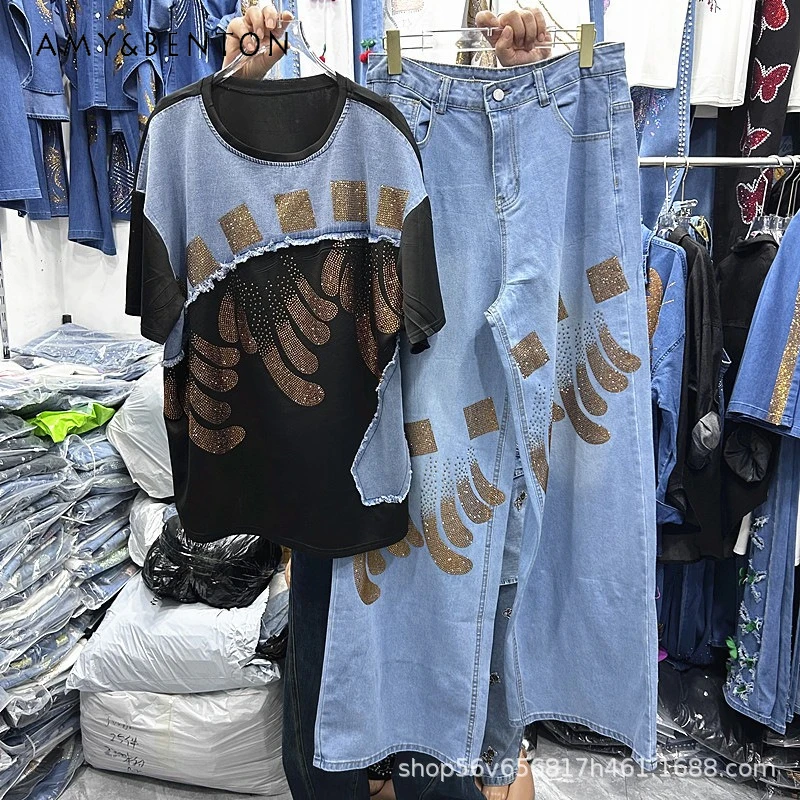 

Popular Rhinestone Y2k Denim Patchwork Short-sleeved O-neck T-shirt Top High-waisted Wide-leg Pants 2pcs Set New Summer Clothes