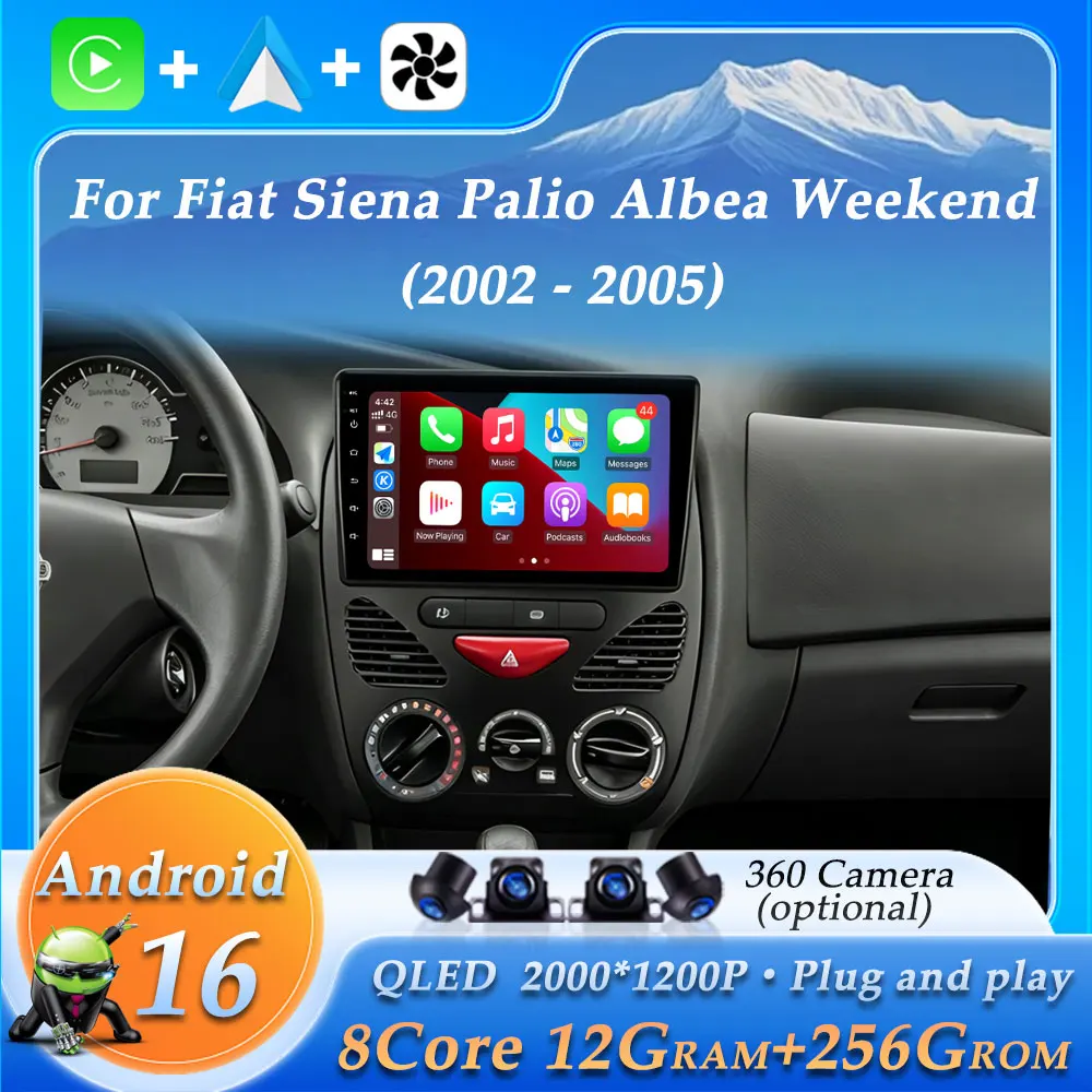 Car Radio for Fiat Siena Palio Albea Weekend 2002 - 2005 WiFi 4G BT GPS Navi Stereo Wireless CarPlay Auto 9 inch Android 16 QLED
