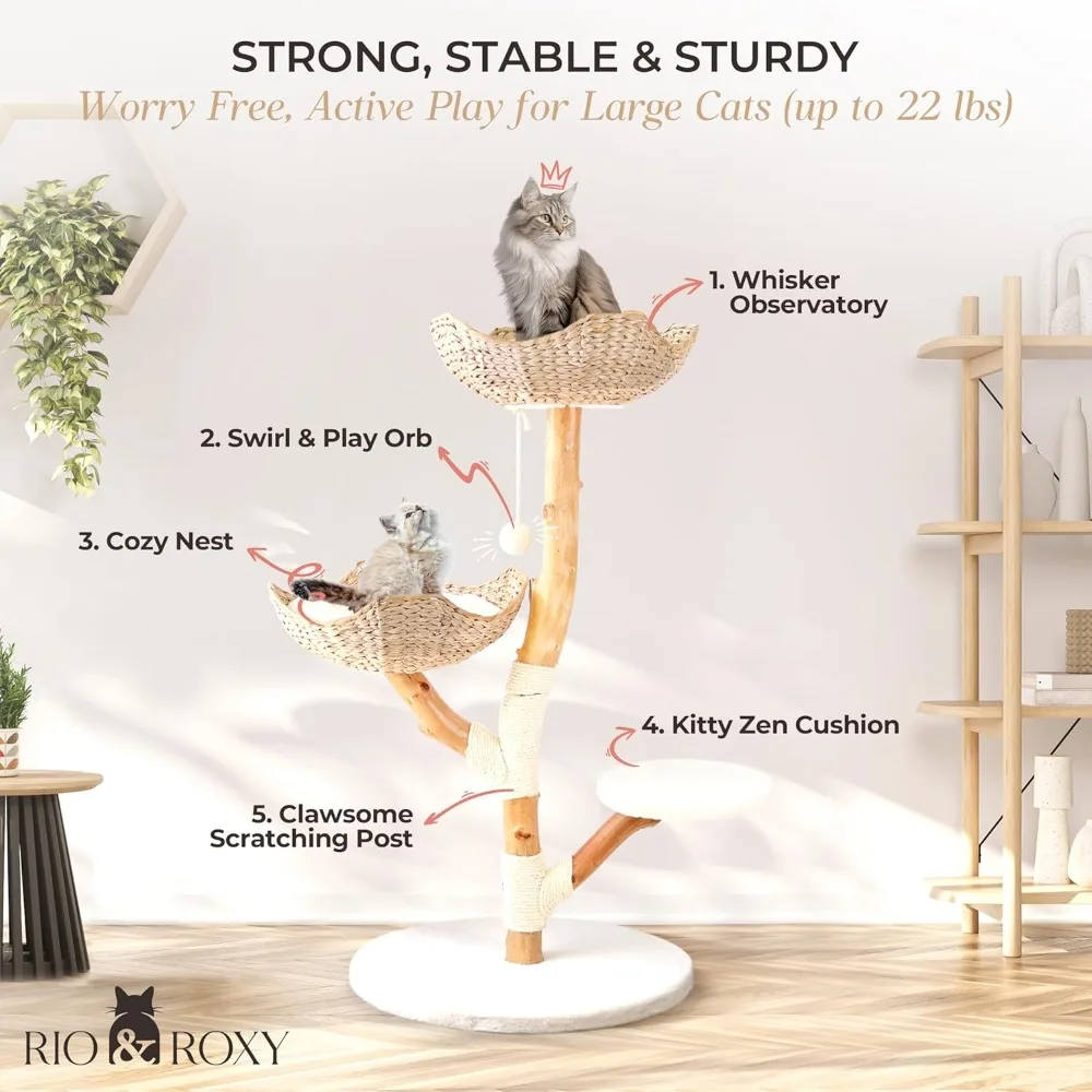 Real Wood Cat Tower for Large Cats: Scratching Post, Bed, Boho Aesthetic Climbing Tower