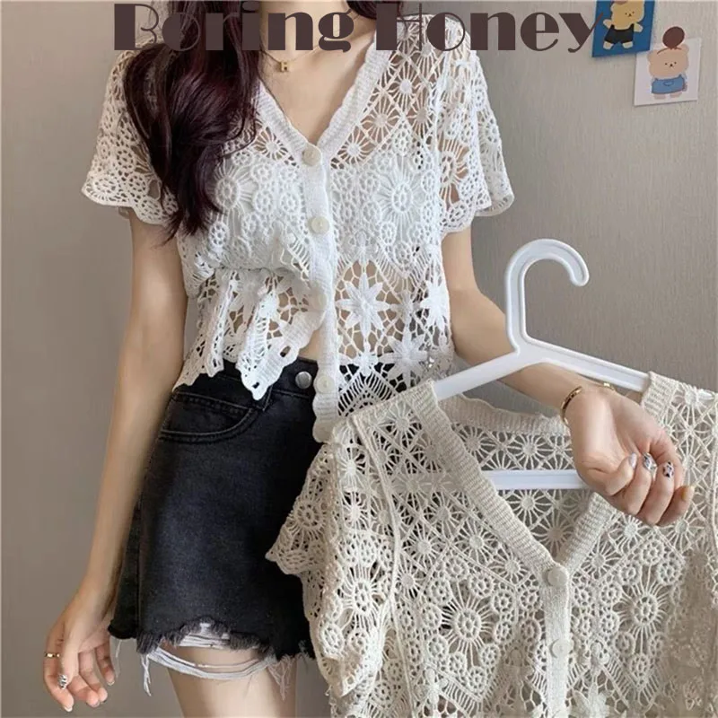 

Boring Honey Summer Solid Colors Fashion Women Blouses Hollow Out V-Neck Women's T-Shirt Single-Breasted Clothes For Women Tops