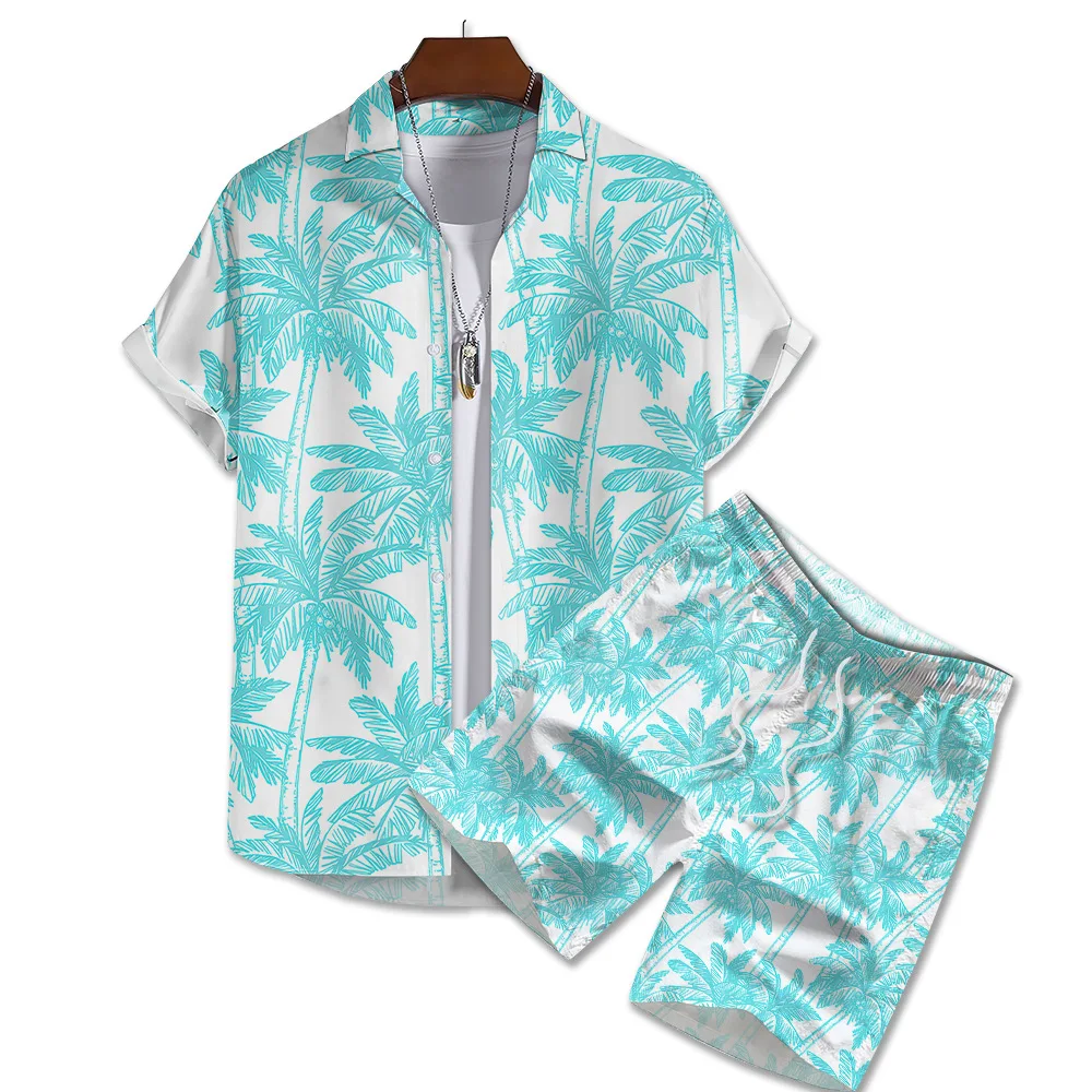 Beach Style Men's Shirt Set Casual Hawaii 3d coconut tree Print Short Sleeve Shirt+Shorts 2pcs Set Holiday Streetwear Suit