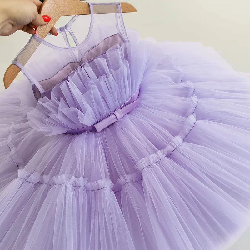 Baby Girls Fluffy Dress for Wedding Princess 1st Birthday Dress Sleeveless Bow Tulle Gown Toddler Kids Ceremony Party Costume