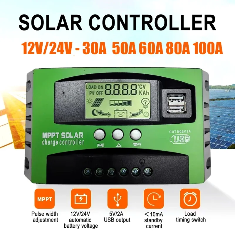 30A 50A 60A 80A 100A Solar Controller MPPT Automatic Focus 12V 24V Dual USB LCD Display Photovoltaic Panel Charging Regulator