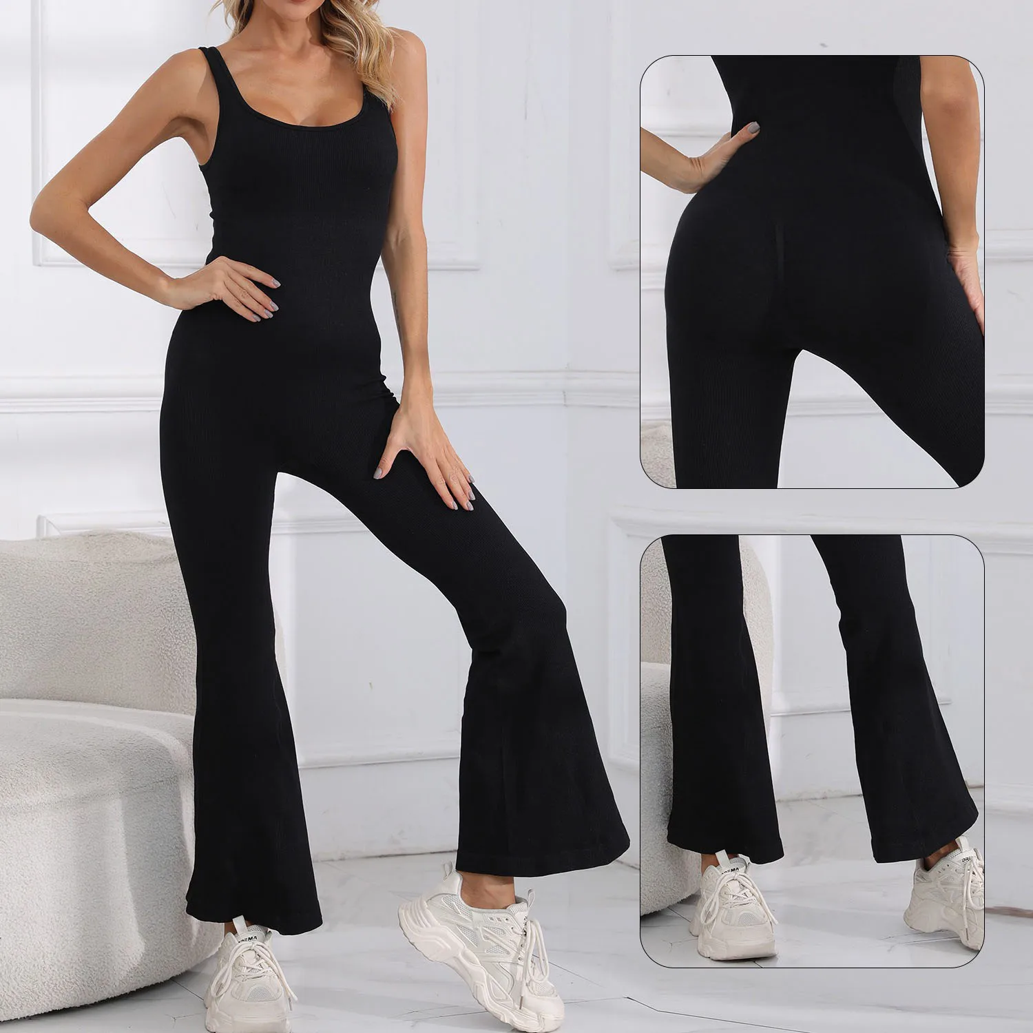 Sleeveless Flare Yoga Jumpsuits Sexy Shapewear, All-in-one Training, Fitness, and Sports Jjumpsuit,   U Back Flared Pants