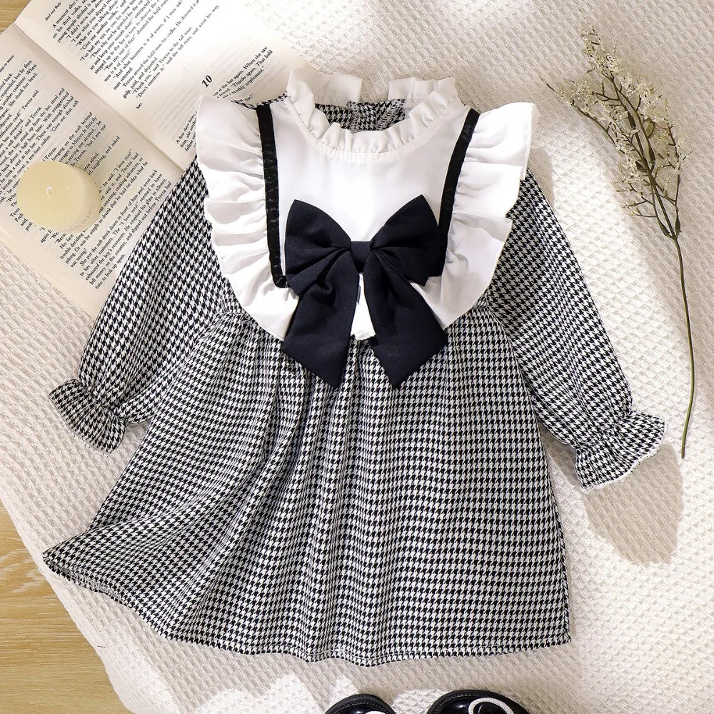 New Arrival Toddler Girls Fall Spring Plaid Dress Bow Ruffled Hem Stylish Princess Dress Kids Outfits for 6M-3Y