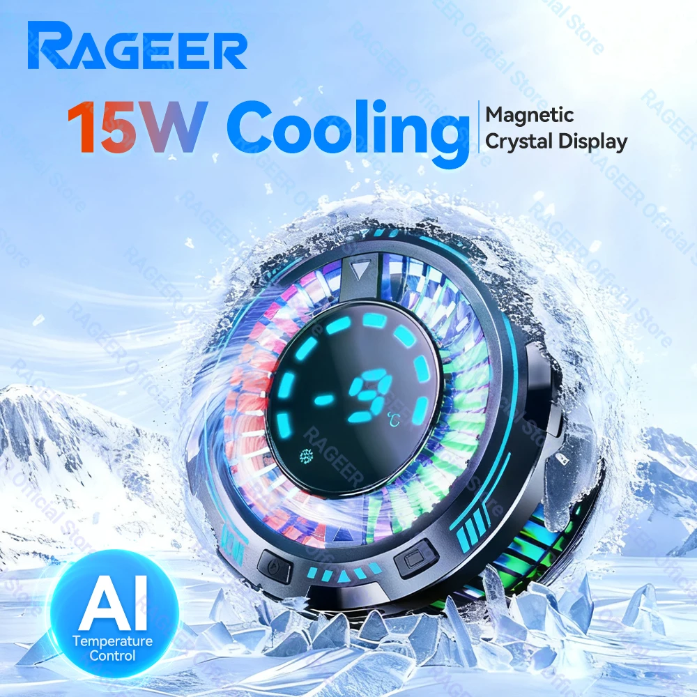 

RAGEER Phone Cooler with Display AI Smart-Temp Control 3-Speed Gaming Cooler for iPhone Android Mobile Phone Magnetic & Clip-on
