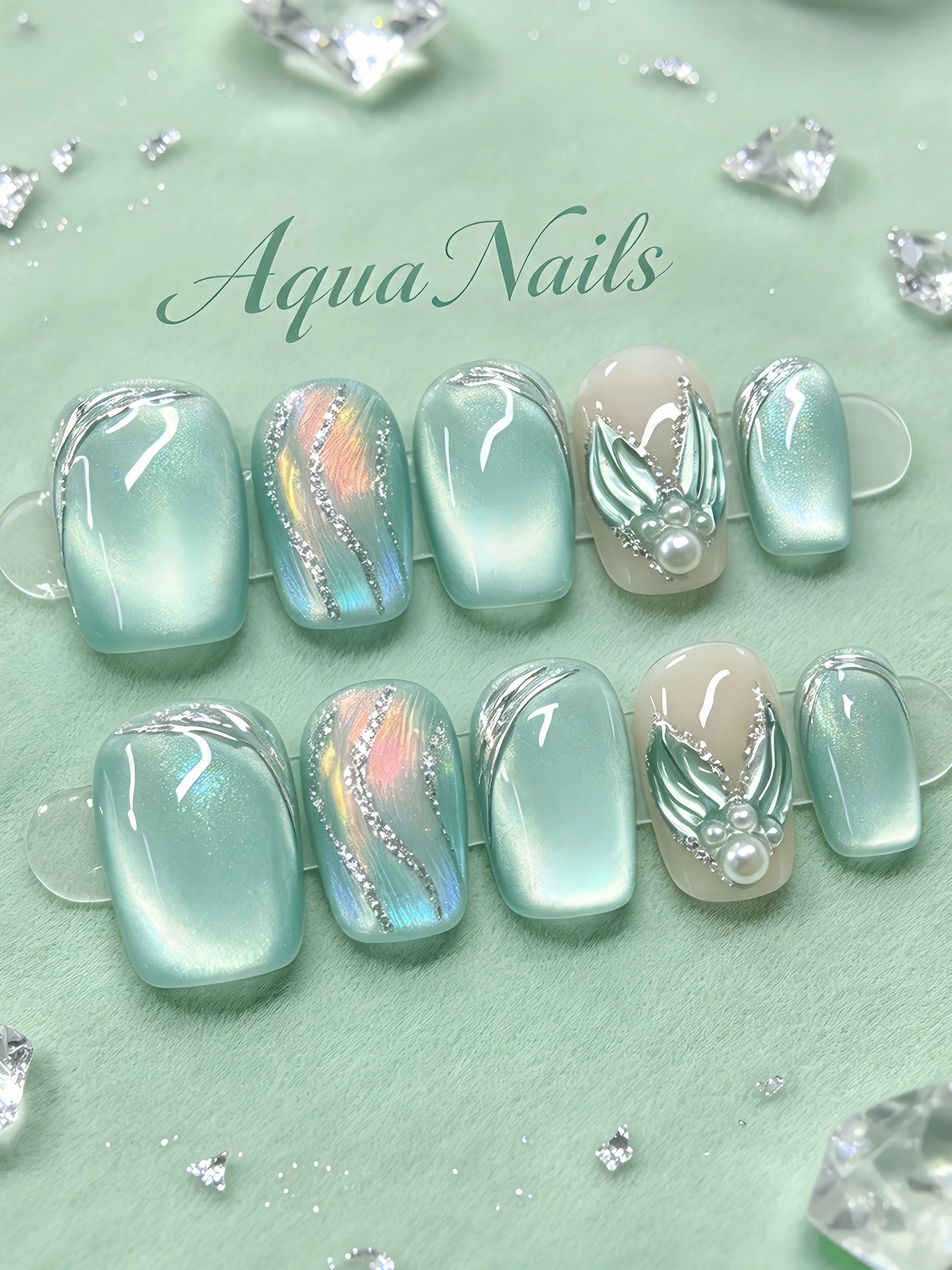 Mint Cat-Eye Nail Stickers Mint Green Iridescent Shell Wing Nail Patches Metallic Flowing Pearl Silver Glitter Fake Nails