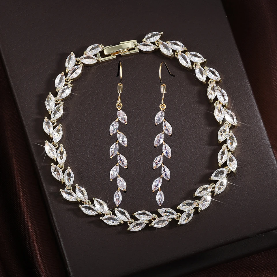 ZAKOL 2026 Neues Marquise Kubikzirkonia Blatt-Armband und Ohrringe Schmuckset, Wunderschöner Eleganter Brautschmuck für Hochzeit und Partys
