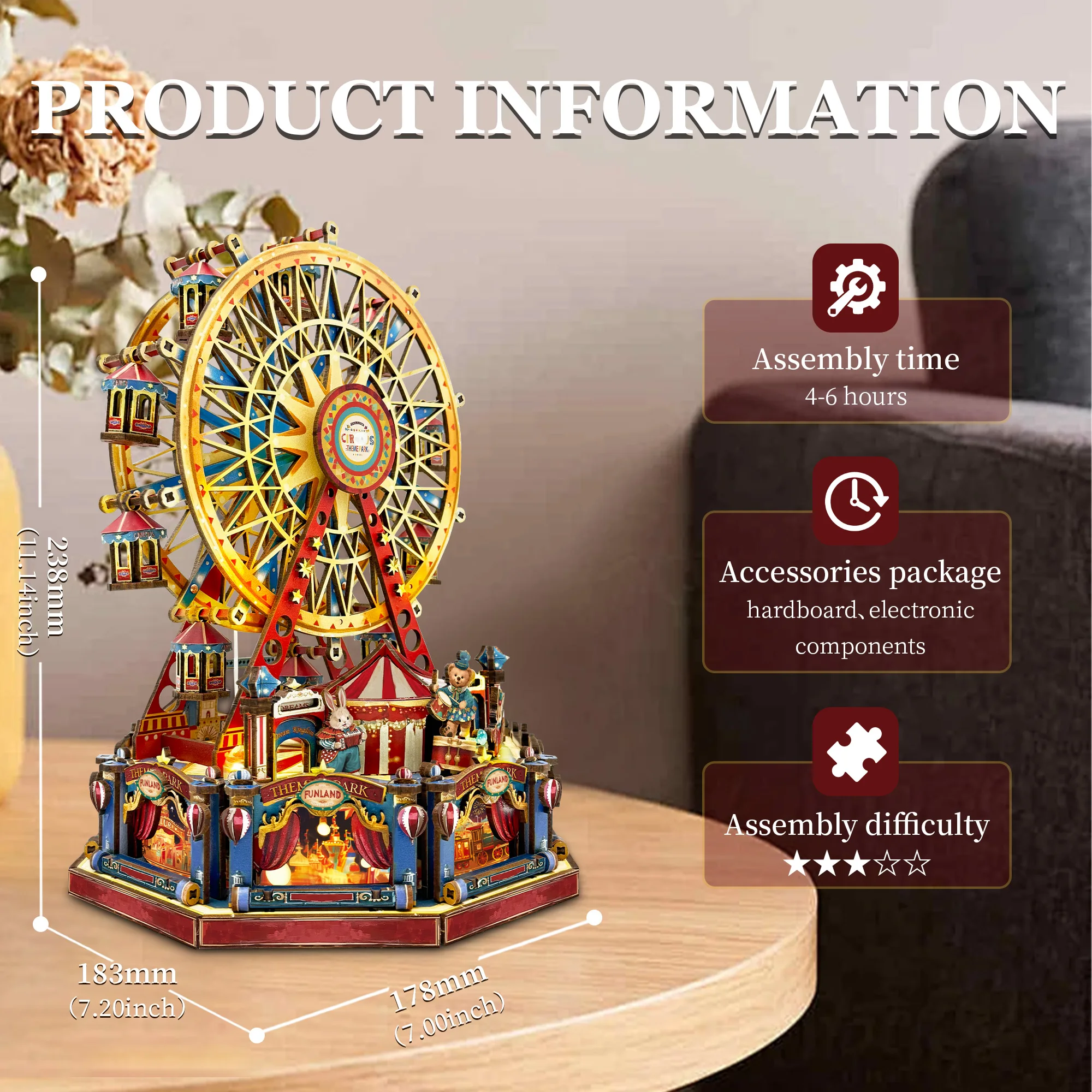 Carillon con ruota panoramica del secolo fai-da-te Case delle bambole Kit modello in miniatura in legno Puzzle 3D Casa delle bambole con mobili per regali di amici