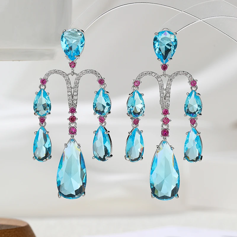 SENYU Design Symmetry Water Drop Cubic Zirconia Earring Handpave Gradient Stone Fashion Party Jewelry Brazil Wholesale