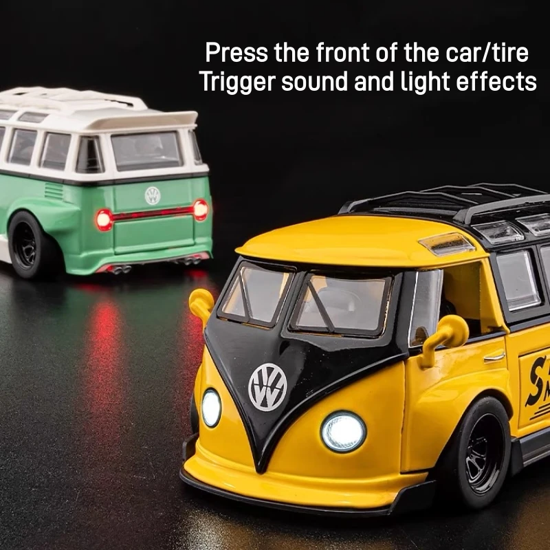 1:32 Volkswagen BUS T1 Alloy Miniature Car Diecast Metal Scale Car Model Sound＆Light Collection Kids Modified Vehicles Toy Gift