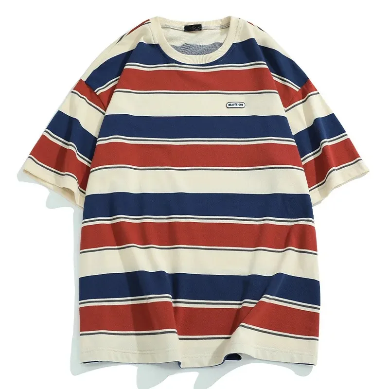 New Loose Contrast Color Short Sleeve Main Striped T-shirts Couples For Men And Women Summer Vintage Harajuku Tee Oversized Tops