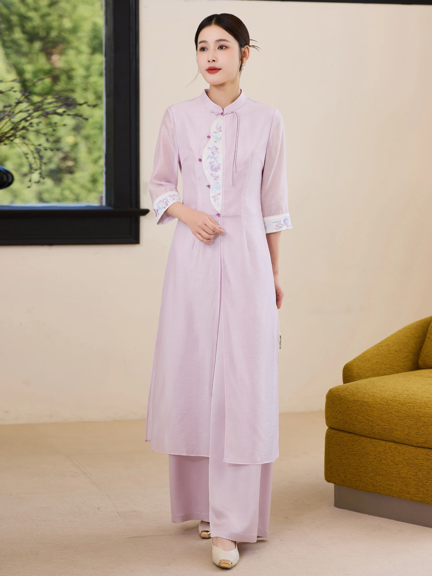 

Chic Chinese Style Summer Dress Set Elegant Tea Color Reformed Tunic Dress Zen Spirit Hanfu Women's Fashion Ensemble