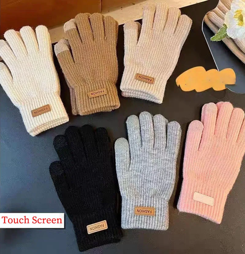 Women Winter Warm Knitted Gloves Korean Letters Label 5 Finger Gloves Cold Proof Soft Ladies Thermal Gloves for Outdoor Driving