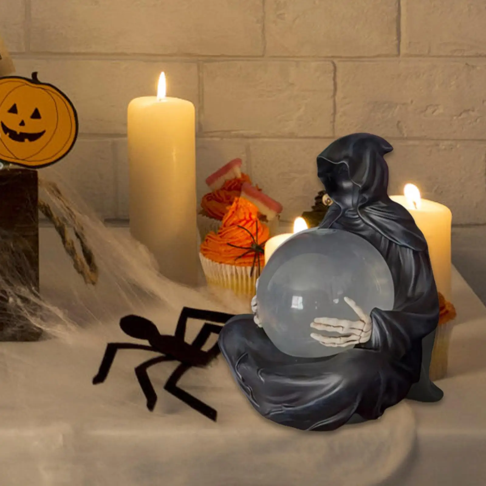 Grim Reaper Statue with Glass Ball Light Art Scary for Yard Bookshelf Indoor