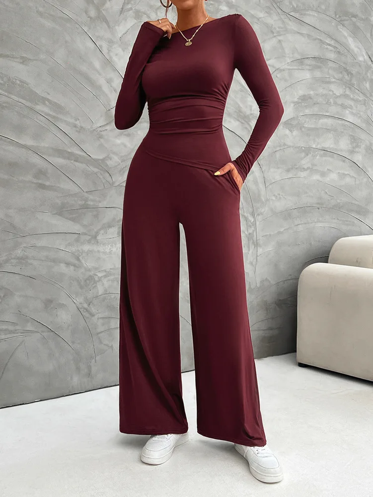 Fitaylor Autumn Winter Women Two Piece Sets Solid Slim Tops and Wide-leg Trousers Casual Lady Suits