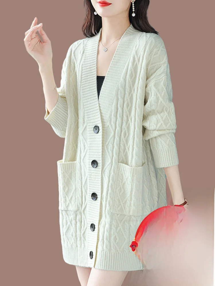 Cardigan tricoté mi-long pour femme, manteau ample, paresseux, grande taille, vêtements d'extérieur en laine, v-ne Long, automne hiver