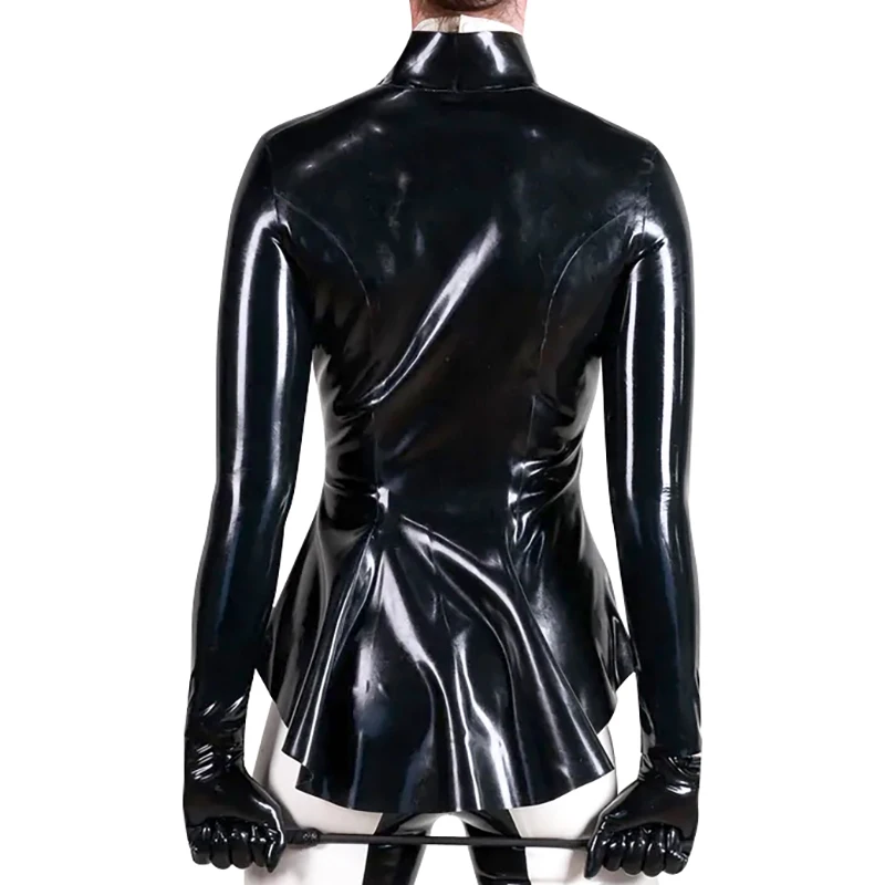 Black Sexy Latex Frock Coat With Buttons At Front Ruffles High Collar Rubber Blouse Shirts Top Clothes YF-0371