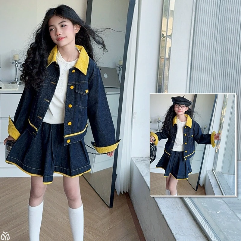 

autumn korean teen girls cowboy clothes suit Dopamine denim Jacket+pleated skirt 2pcs junior kids skirts sets child outfits 4-14