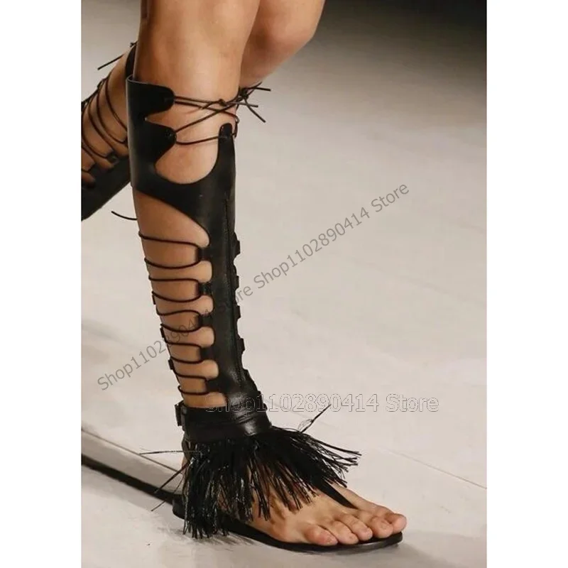 

Black Tassels Hollow Design Flip Flop Sandals Boots Lace Up Women Shoes Low Top Fashion Party Runway 2024 Zapatos Para Mujere