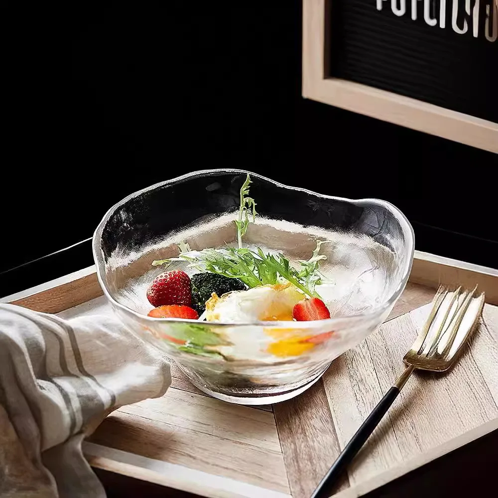 Crystal Glass Salad Bowl Transparent Household Thickened Tableware Kitchen High Appearance Level High-end Irregular Fruit Bowl