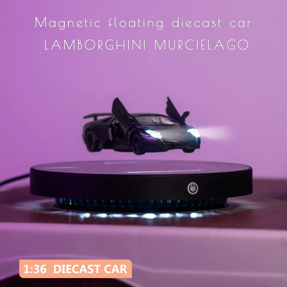 Carro magnético flutuante fundido, luzes led deslumbrantes, escala 1:36, ornamento de mesa, modelo de carro, brinquedo de levitação magnética deslumbrante