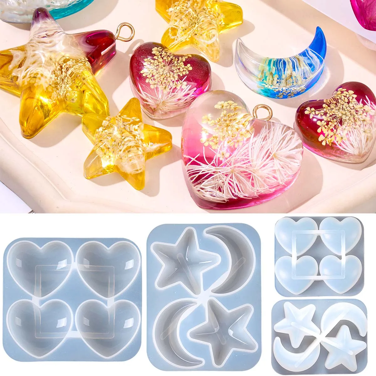 Moule en silicone pour pendentif de collier géométrique, fabrication de bijoux DIY en forme de cœur, étoile, lune, moules de moulage pour porte-clés en résine époxy UV, pour la maison
