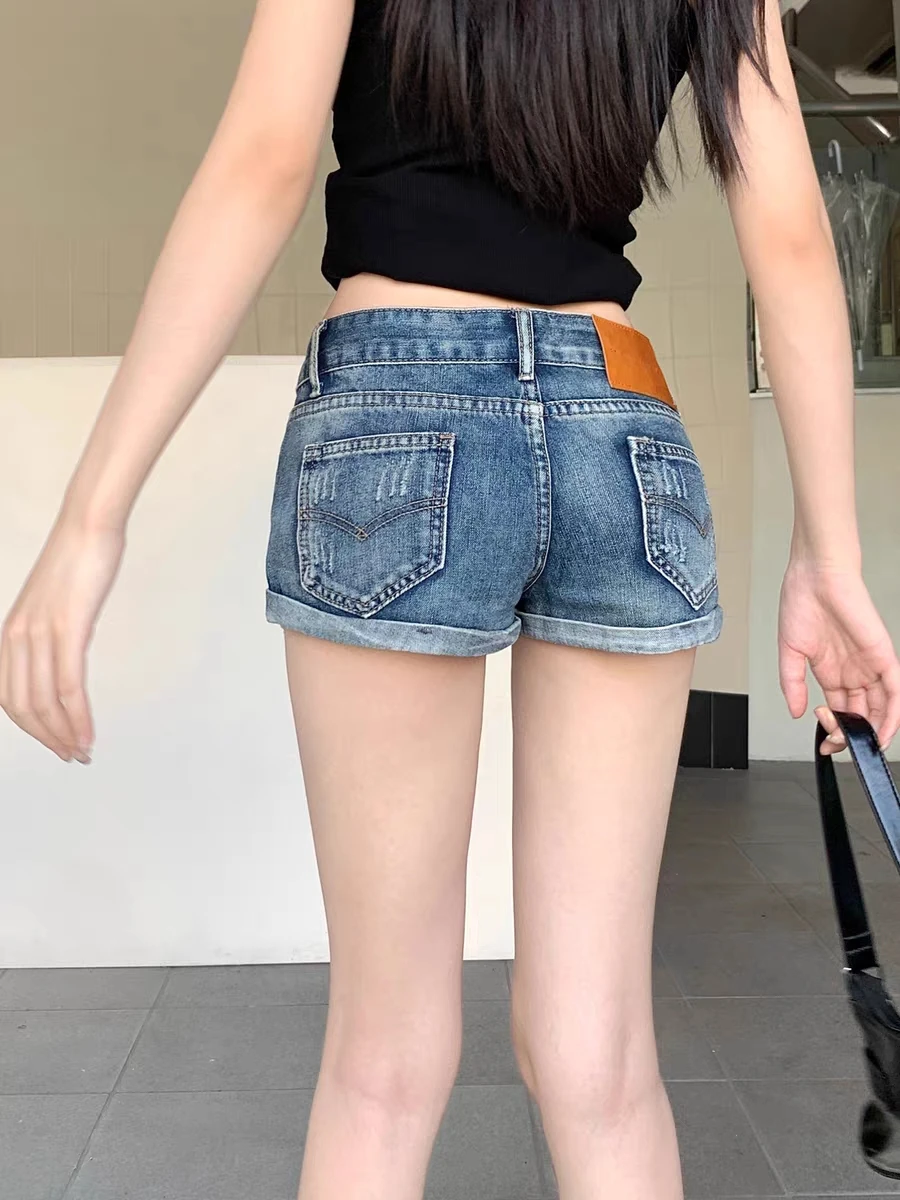 RORORIRI Vintage Rivetti Vita bassa Pantaloncini di jeans Donna Blu Lavaggio Distressed Strappato Sottile Orlo arrotolato Bootypants Grayu Y2k Streetwear