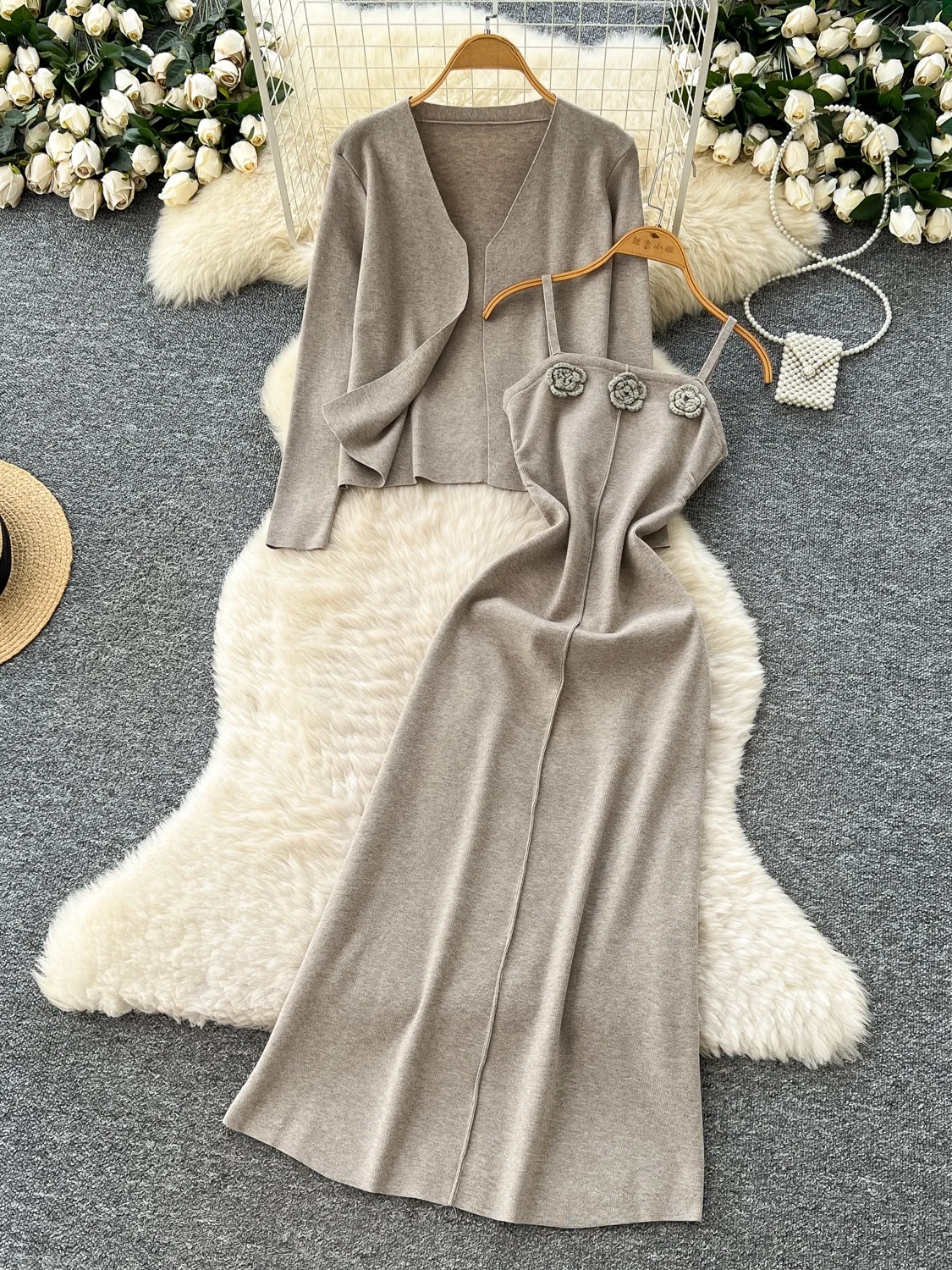 Fall Faion Elegance Women's Pure Desire 3D Flower Print Knitted Dr with Long Sve Outerwear Two-Piece Set Casual Workwear