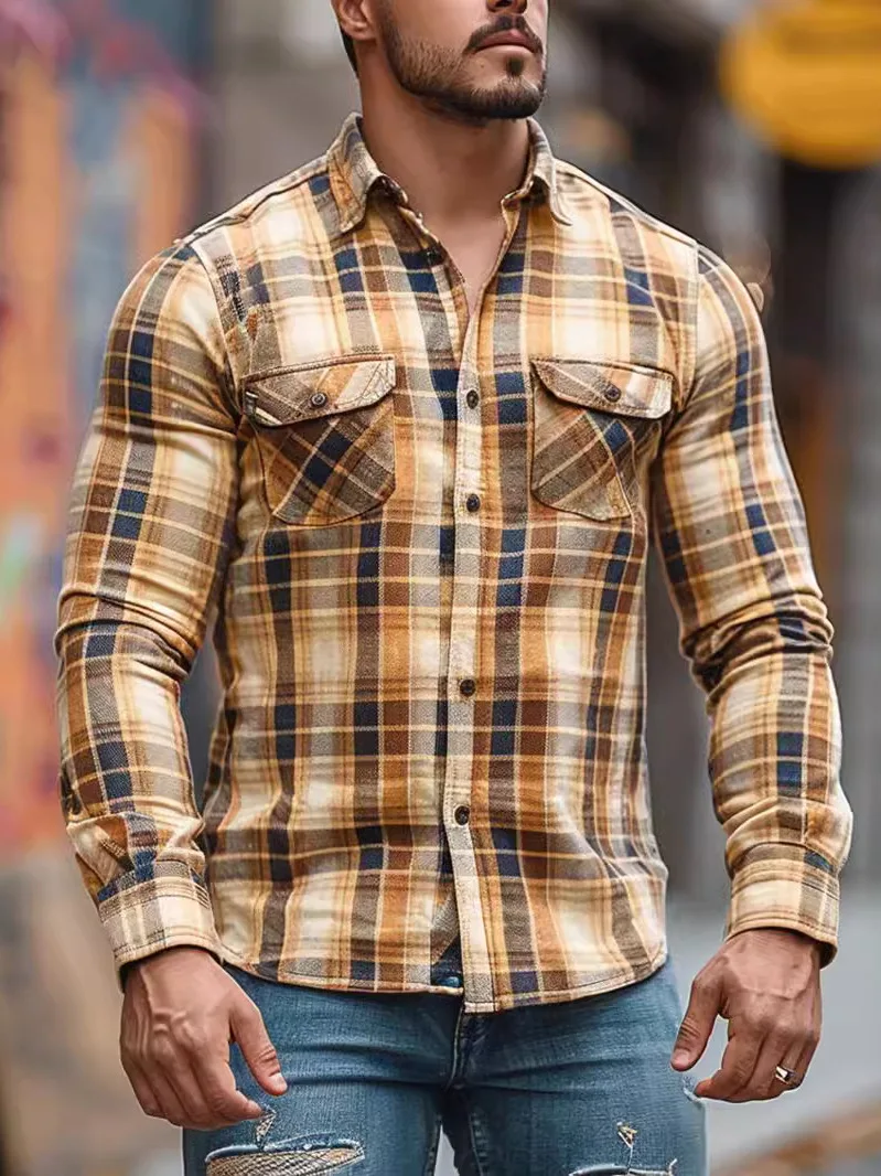 Men's Plaid Print Long Sleeve Fleece Lined Shirt Casual Loose Fit Canvas Material Printed Design Autumn Fashion Youth Clothing