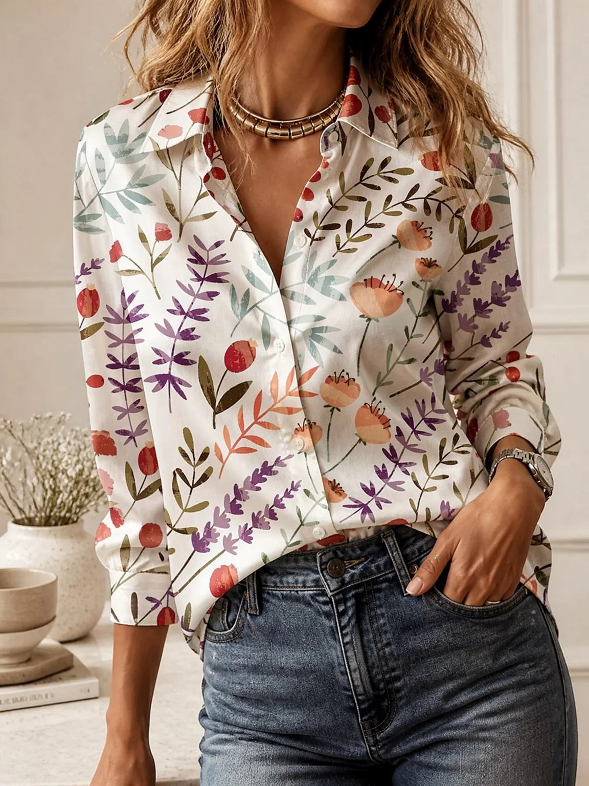 Casual All-match Collared Blouse, Women Long Sleeve Loose Fit Elegant Outdoor Daily Commuter Top view 3