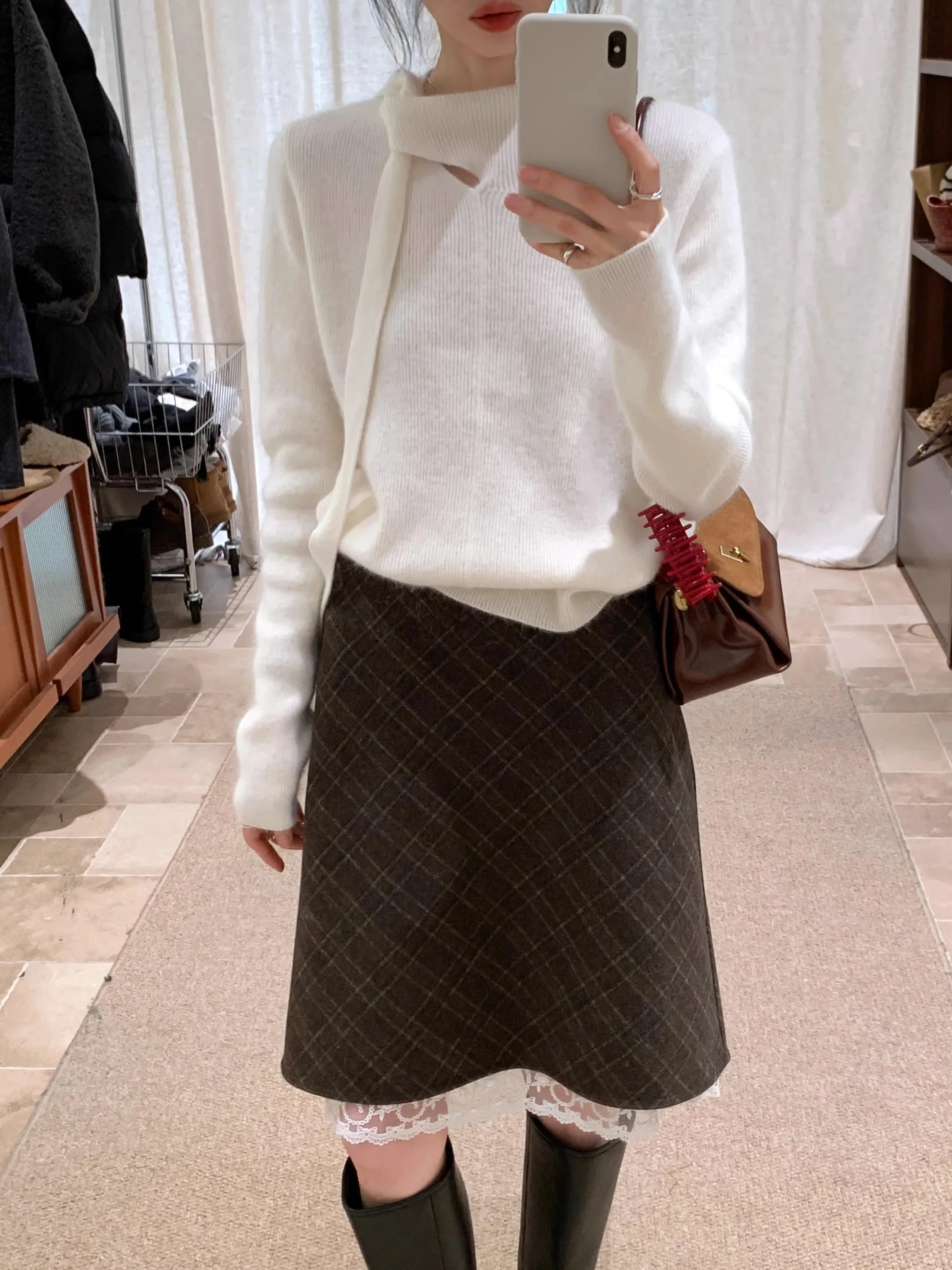 

BRIIVN Winter New Faion Lace Patchwork A-Line Skirt Set Women's High Waist Retro Sle Versatile ort Skirt