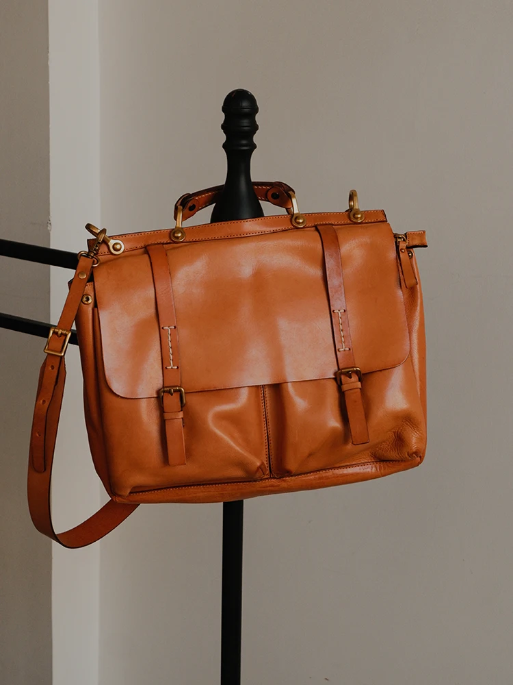 PNDME vintage designer handmade vegetable tanned cowhide men's women's briefcase casual luxury genuine leather laptop handbag