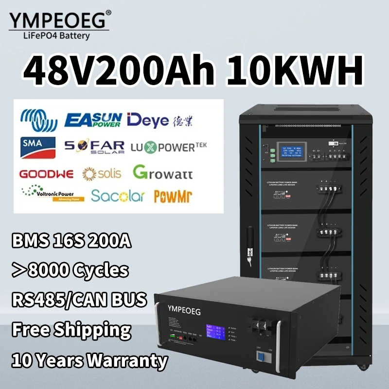 5KWh/10KWh 100% Full Capacity Brand New Grade A LiFePO4 Battery Pack 51.2V 100Ah/200Ah Deep Cycls 10 Years Warranty Solar Power