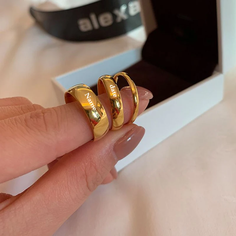 NUOBING 6MM Gold Stainless Steel Lover Couple Wedding Band Rings for Women Men Custom Engrave Name Date Valentine\'s Day Gift