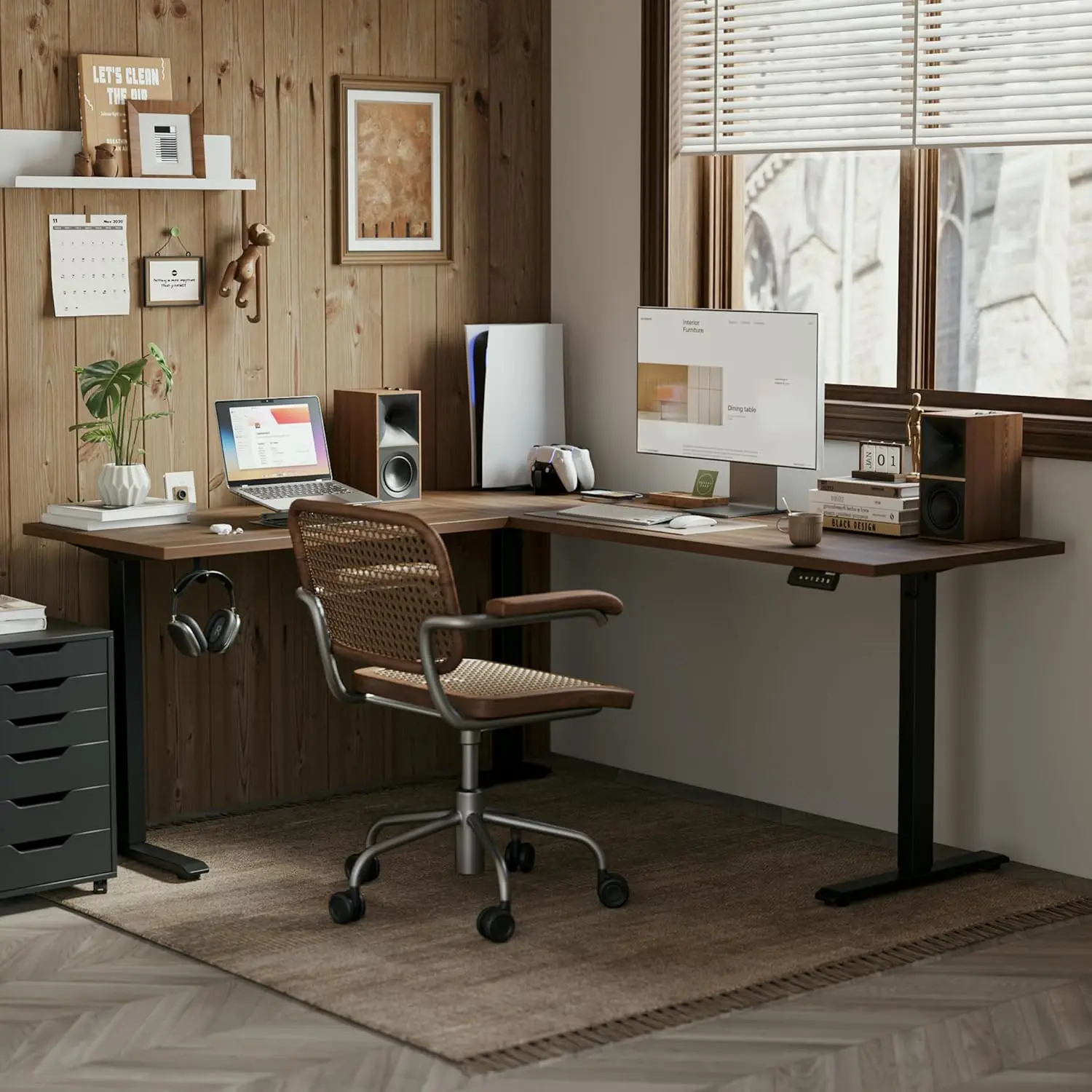 Mesa de pé em forma de L, altura ajustável, mesa de canto elétrica, 63 x 55 polegadas, mesa de computador com placa de emenda