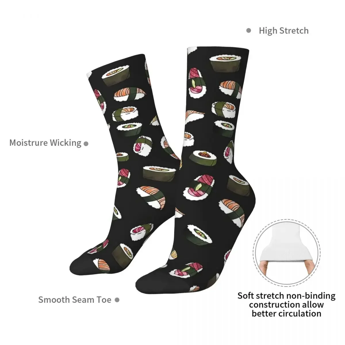 SUSHI (on Black) Socks Harajuku Sweat Absorbing Stockings All Season Long Socks Accessories for Man's Woman's Birthday Present