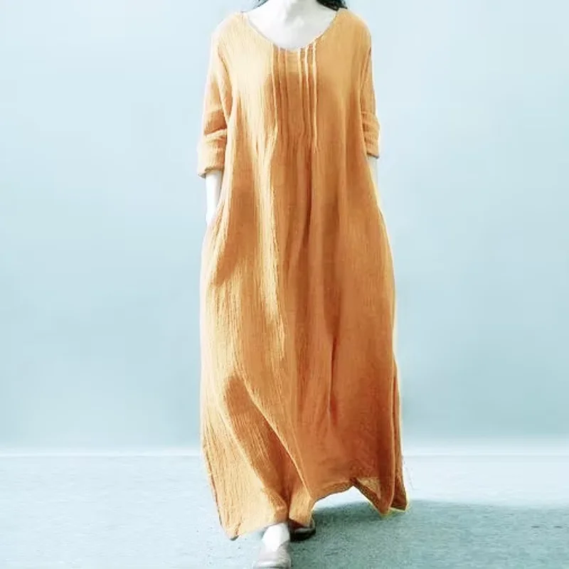2026 Summer Autumn Women Casual Loose Boho Long Maxi Dresses Vestidos   -  Fashion Cotton Linen Vintage Dress